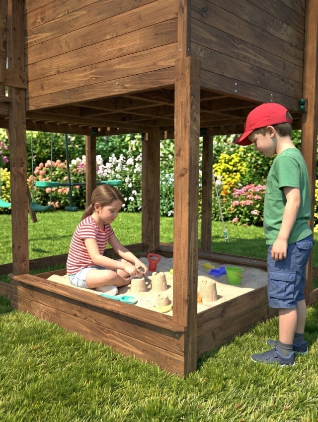 Portique en bois intégré harmonieusement dans un jardin paysager